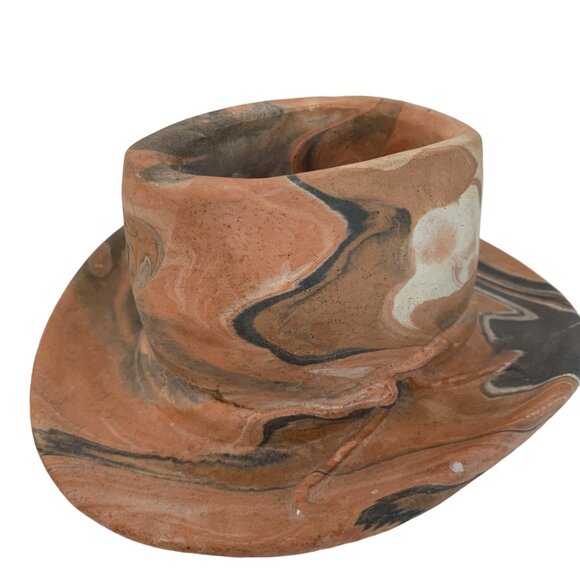 Handcrafted Terracotta Marble Swirl Hat Sculpture Trinket Planter Texas Camanche - Picture 1 of 10